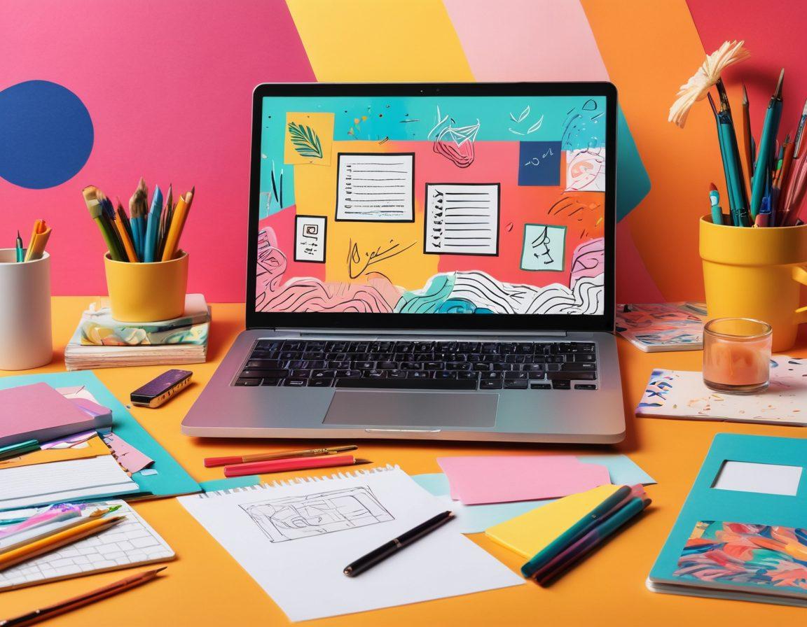 A colorful digital workspace featuring a laptop displaying a vibrant personal blog with dynamic visuals and interactive elements. Surrounding the laptop are creative tools like a sketchpad, paintbrushes, and colorful sticky notes, representing artistic expression. The background includes abstract patterns and elements that symbolize creativity and innovation. The overall atmosphere is lively and inspiring. vector art. vibrant colors.