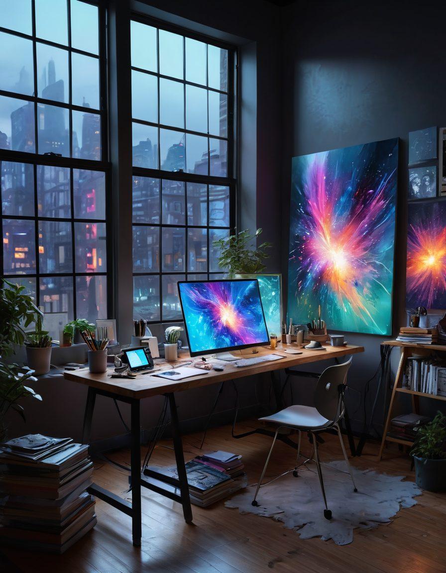 A futuristic workspace filled with digital art tools, featuring a large holographic canvas showcasing vibrant, abstract art. The scene combines traditional and modern techniques, with a mix of paintbrushes, tablets, and creative notes scattered around. Ethereal light streams in from a window, illuminating the creative chaos while a person in the background is digitally sketching. The atmosphere is dynamic and inspiring, symbolizing the fusion of creativity and technology. super-realistic. vibrant colors. 3D.