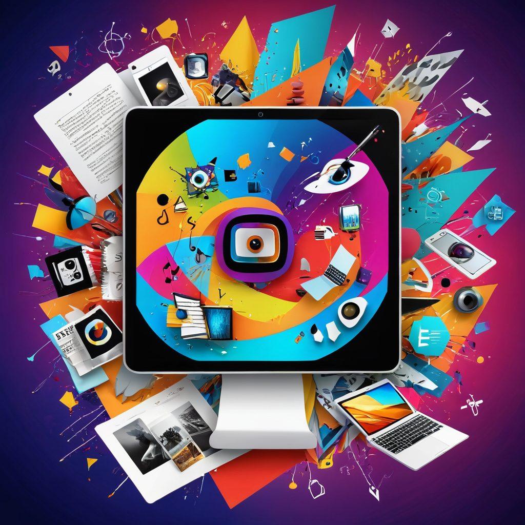 A dynamic collage of various multimedia elements like vibrant graphics, videos playing on screens, and sketches emerging from a digital tablet, illustrating the fusion of creativity and technology. The background features abstract shapes representing creativity and innovation flowing together. The overall theme should evoke a sense of excitement and inspiration, showcasing the new era of artistic blogging. bright colors, 3D, collage style.